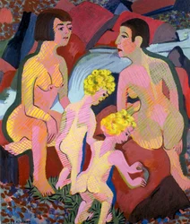 Femmes et enfants se baignant